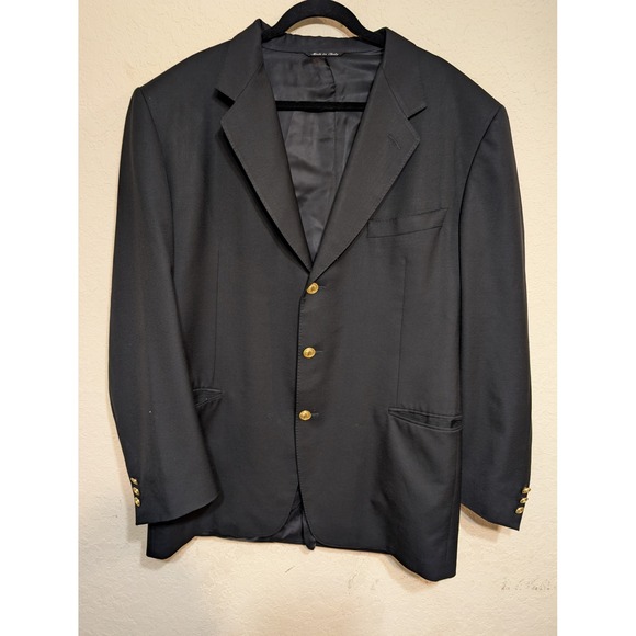Canali Milano Wool Blazer Jacket Gold Button Made in Italy Size 54 L Black